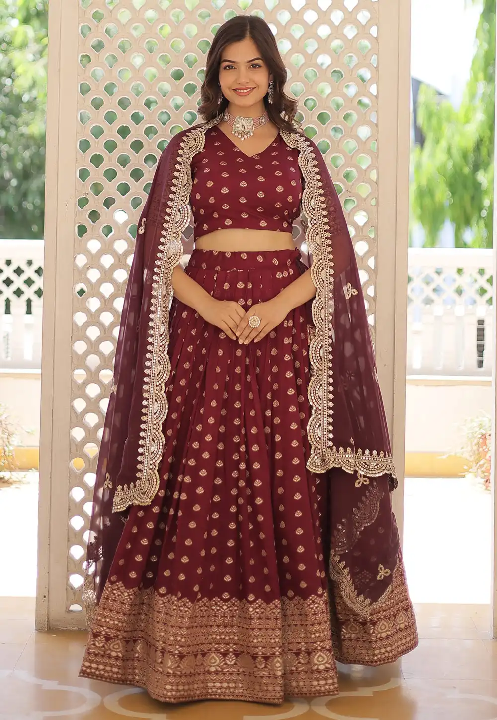 Maroon Viscose Jacquard Circular Lehenga Choli 291509