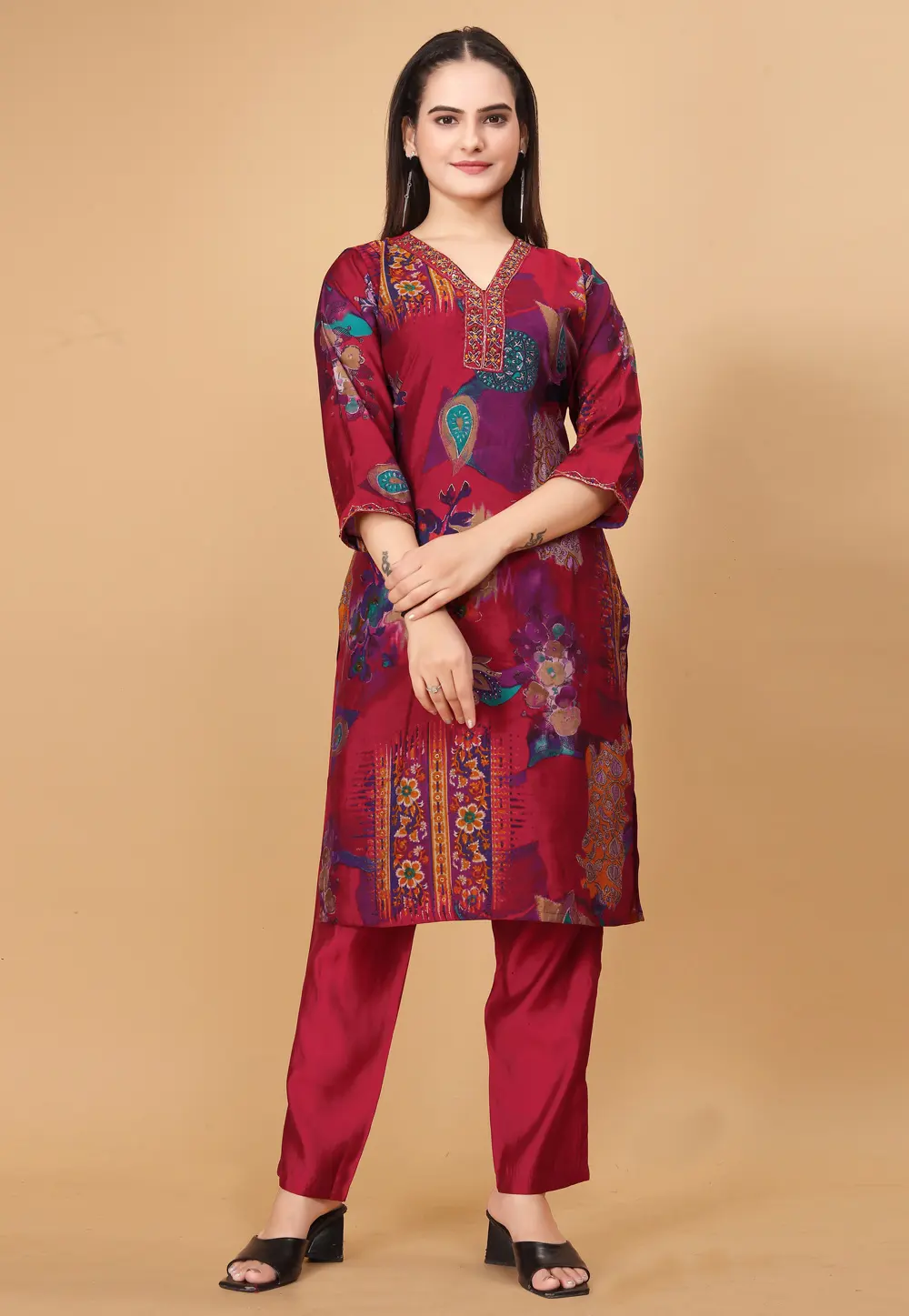 Maroon Viscose Kurta Set With Pent 302613