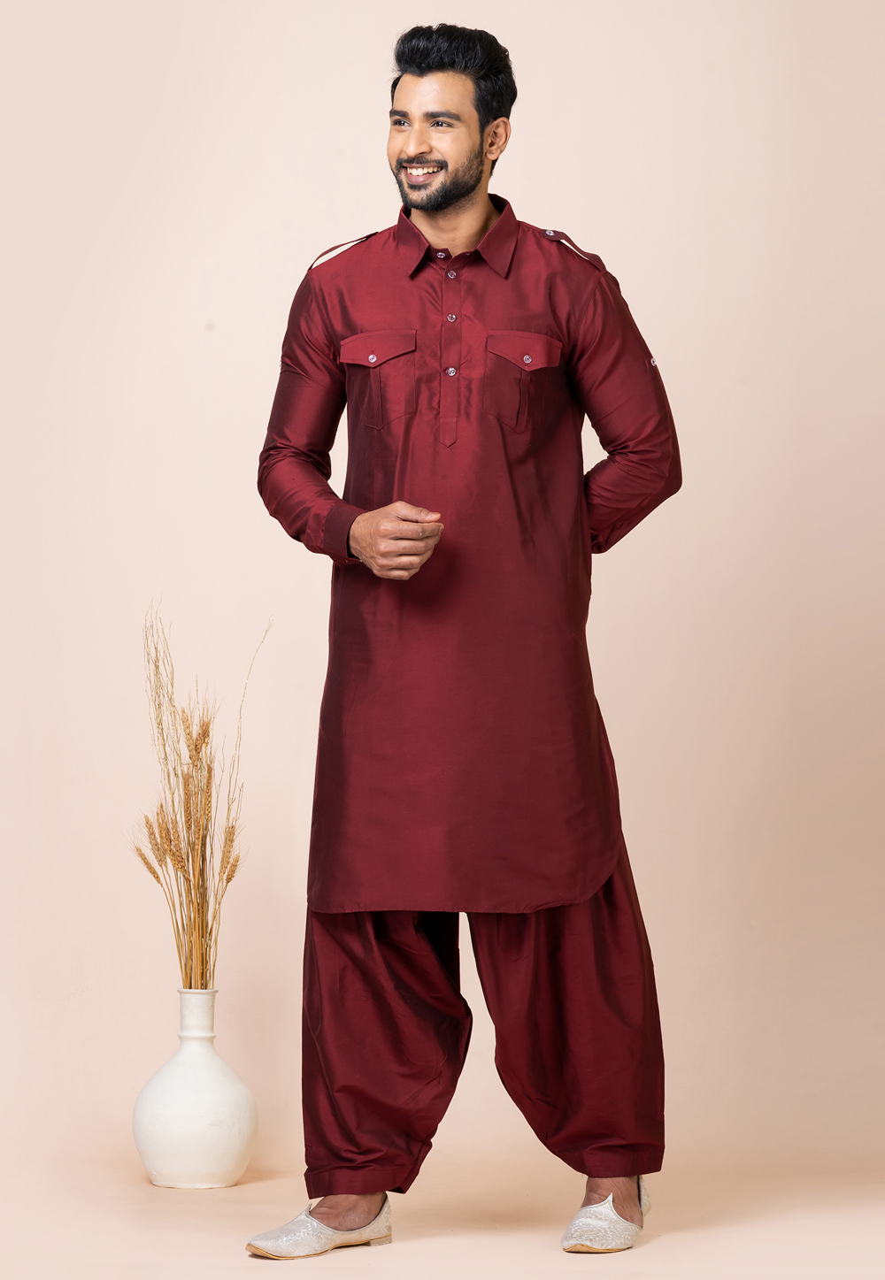 Maroon Viscose Pathani Suit 286241