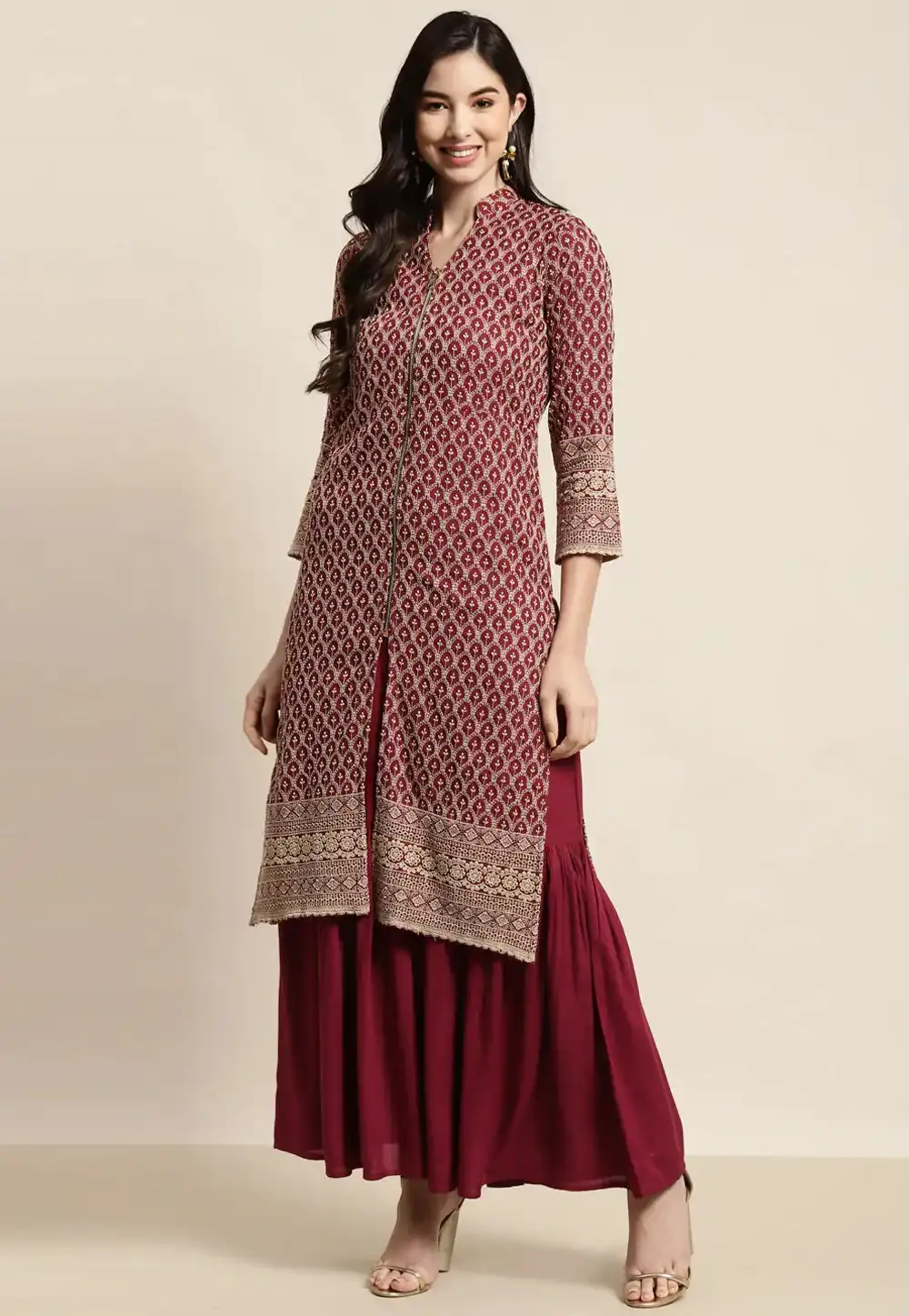 Maroon Viscose Rayon Kurta Set With Sharara 288474