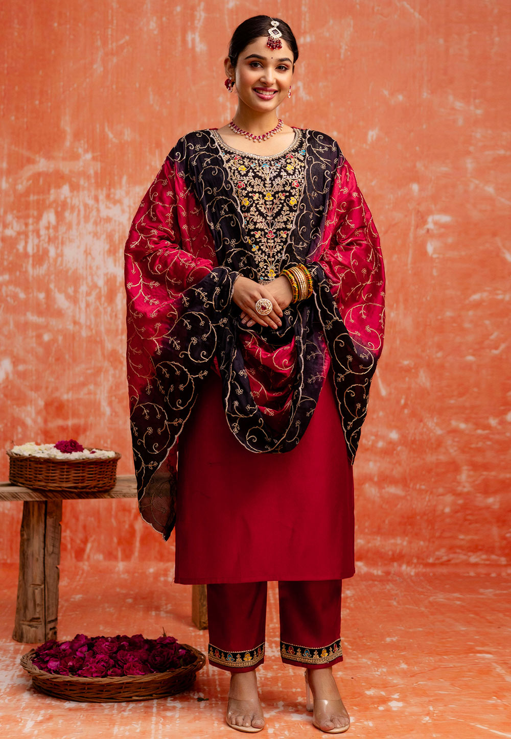 Maroon Viscose Rayon Readymade Pakistani Suit 309563