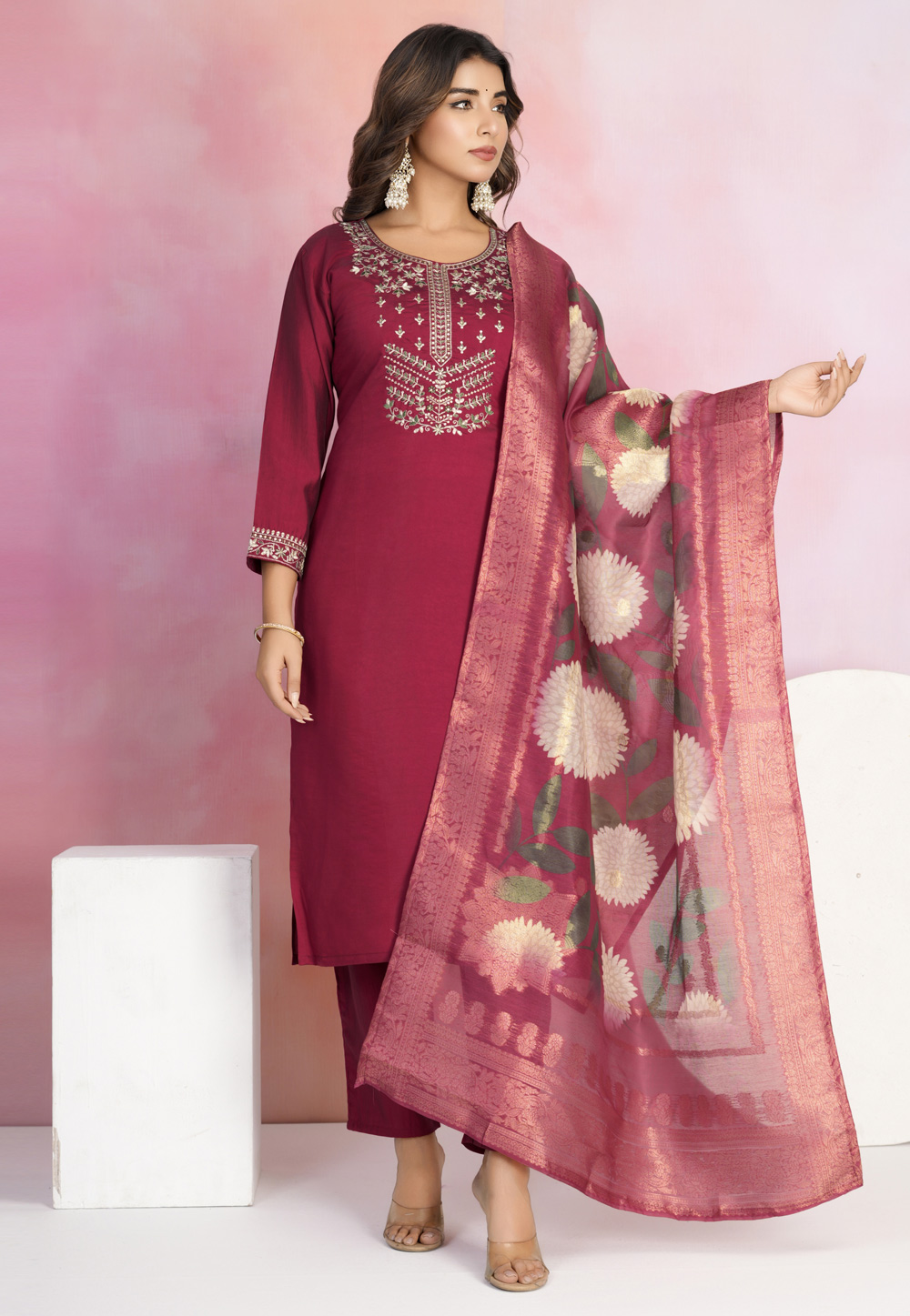 Maroon Viscose Readymade Pakistani Suit 311074