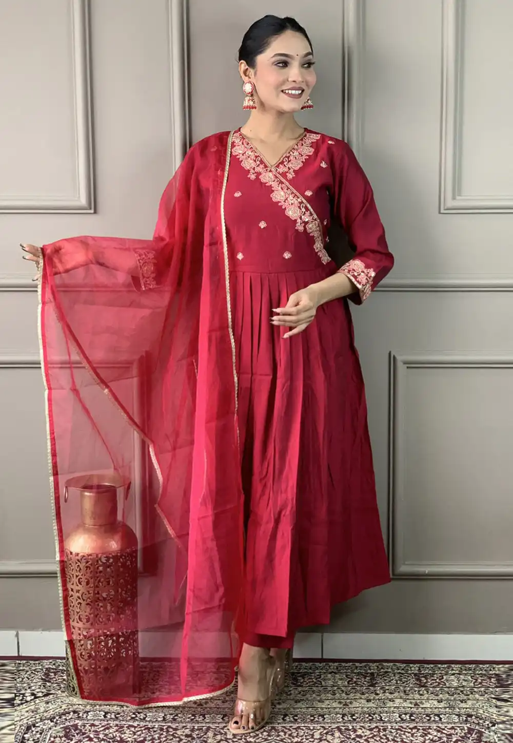 Maroon Viscose Readymade Pant Style Suit 293234