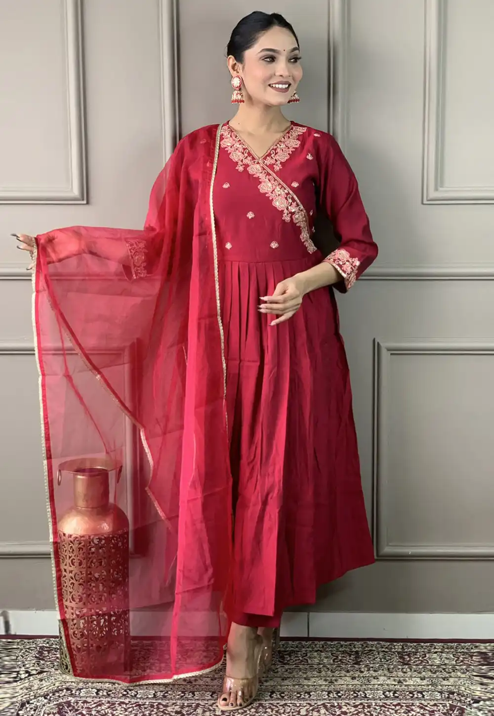 Maroon Viscose Readymade Pant Style Suit 294473