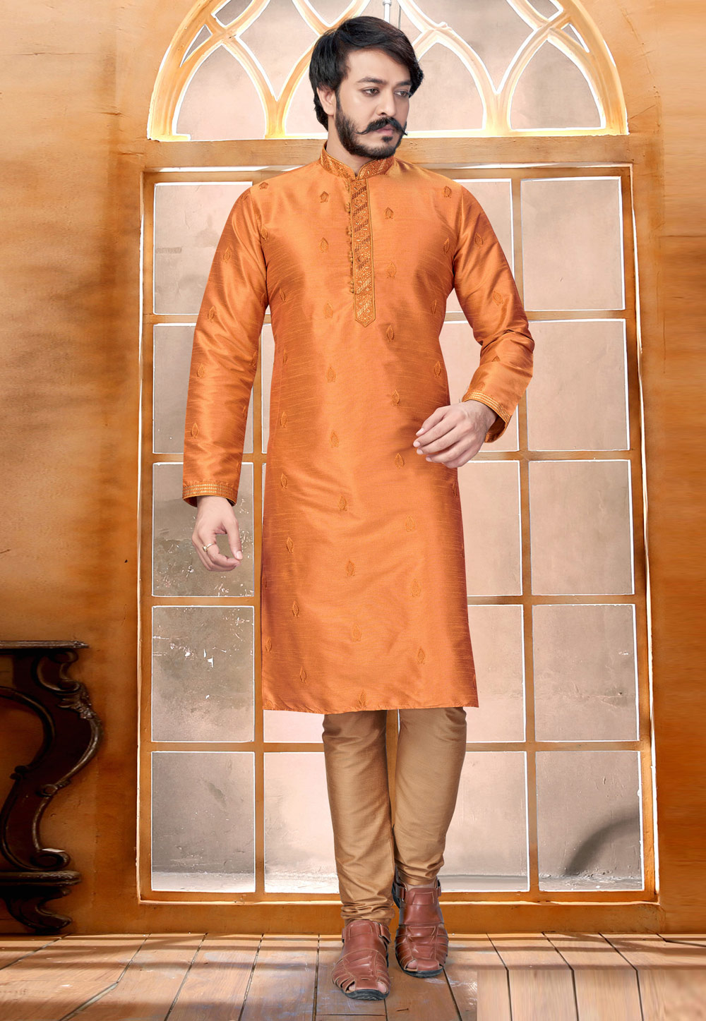 Orange Silk Kurta Pajama 228363