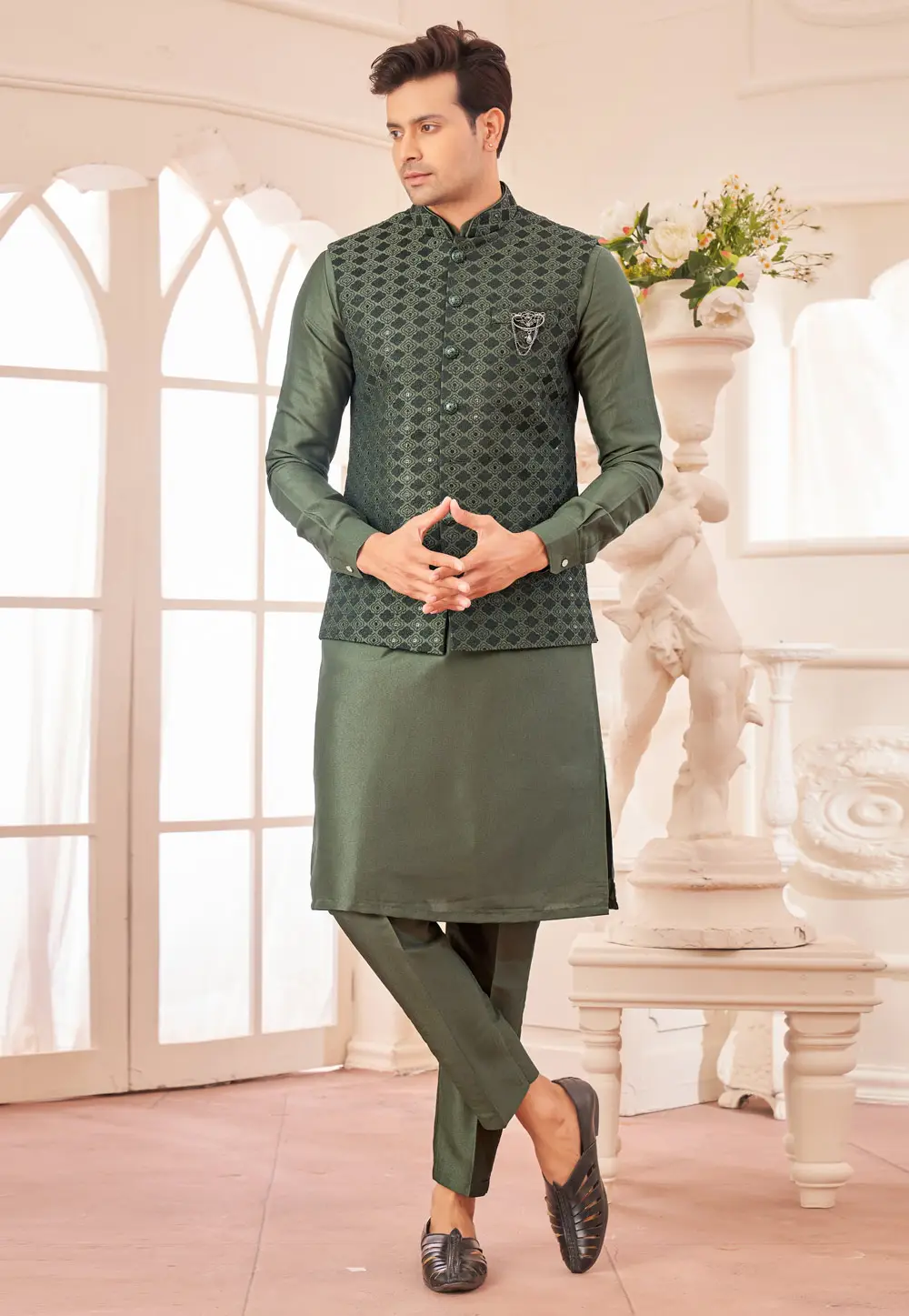 Mehndi Art Silk Kurta Pajama With Jacket 296680