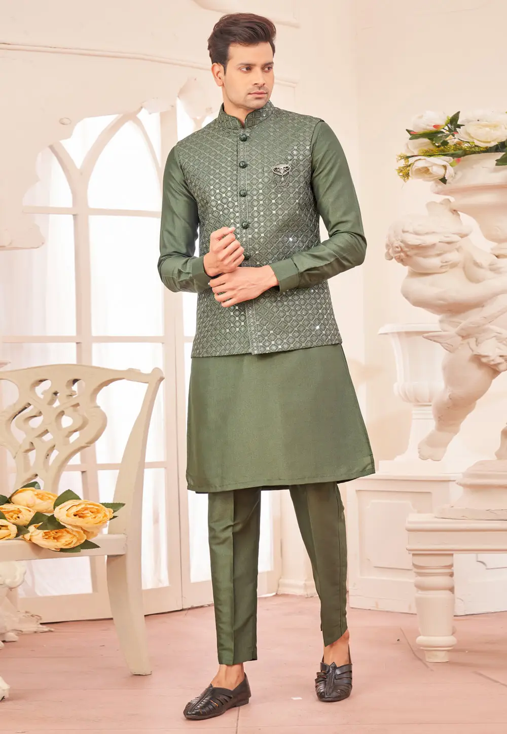 Mehndi Art Silk Kurta Pajama With Jacket 296685