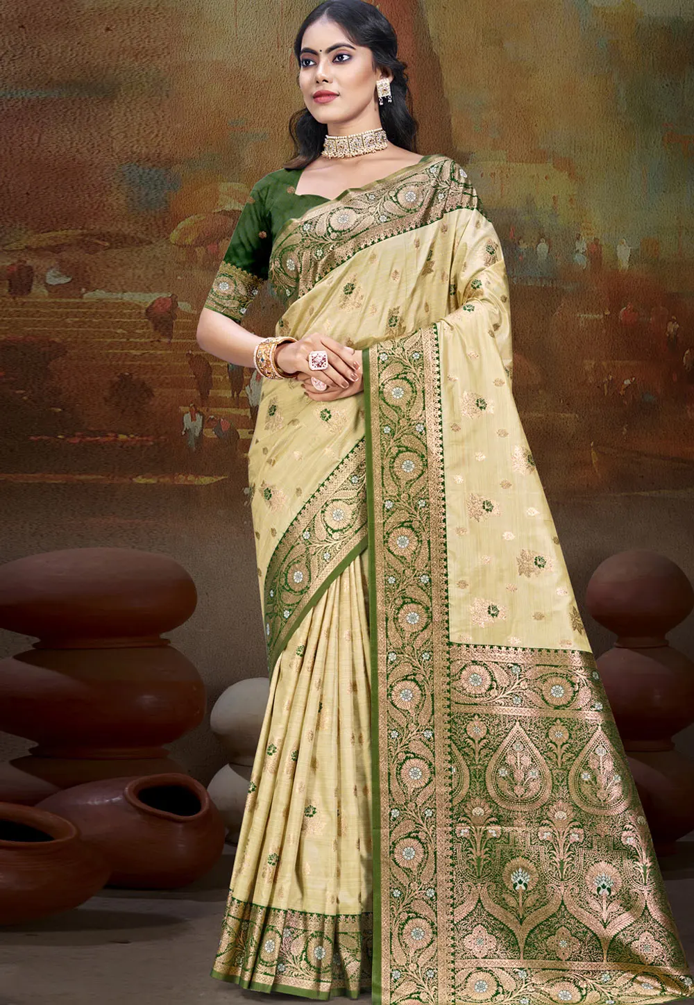 Mehndi Art Silk Saree With Blouse 302666