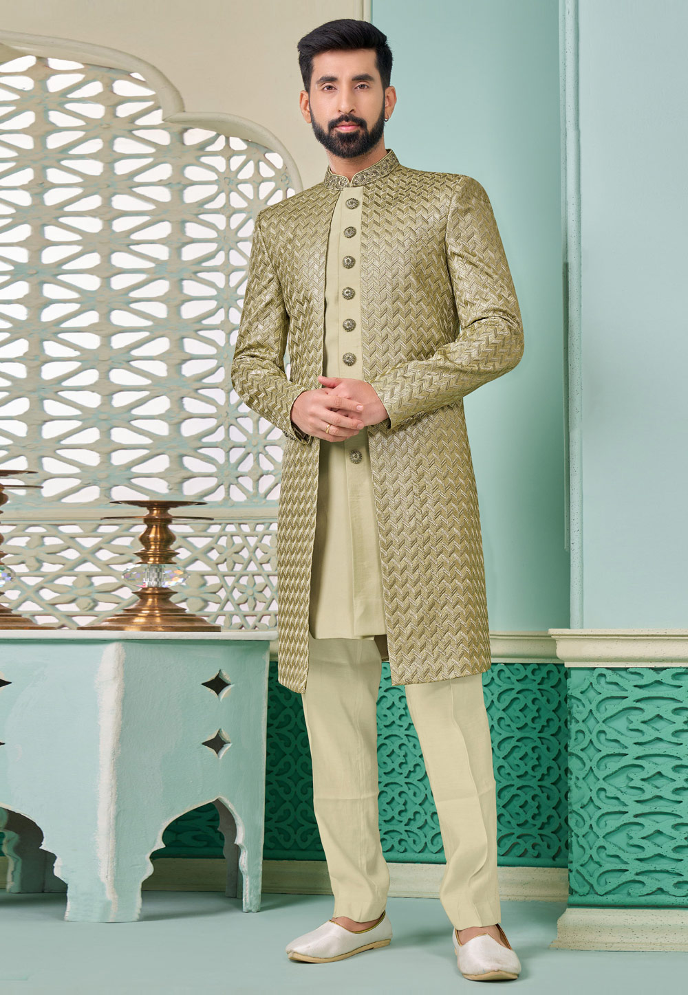 Mehndi Banarasi Silk Jacket Style Sherwani 285345