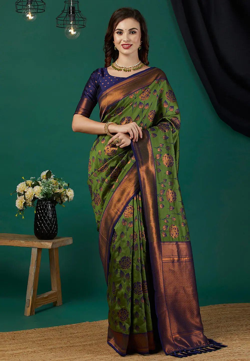 Mehndi Banarasi Silk Saree 301556