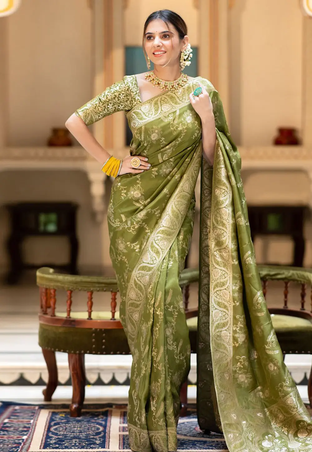 Mehndi Banarasi Silk Saree 298165