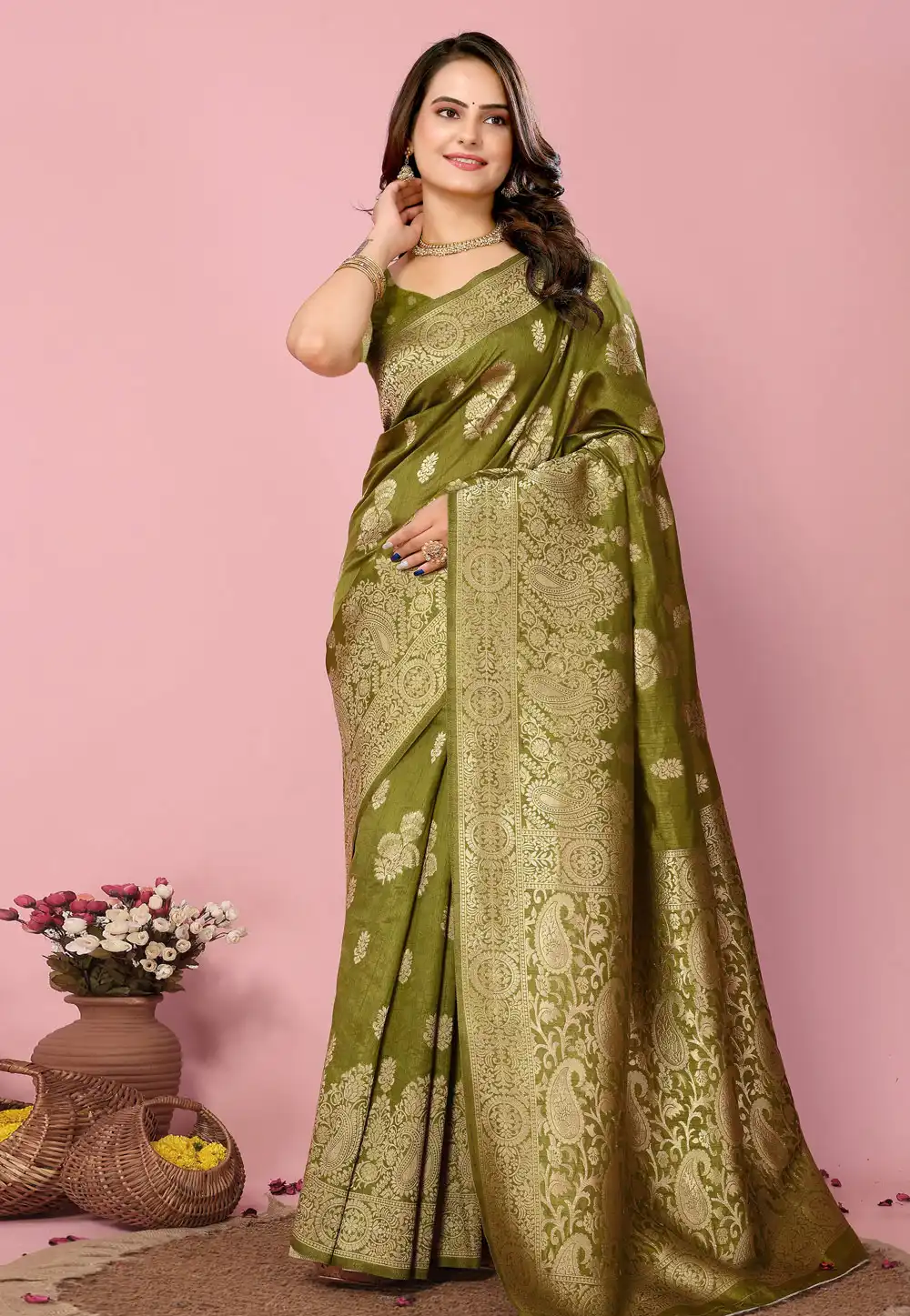 Mehndi Banarasi Silk Saree 289271