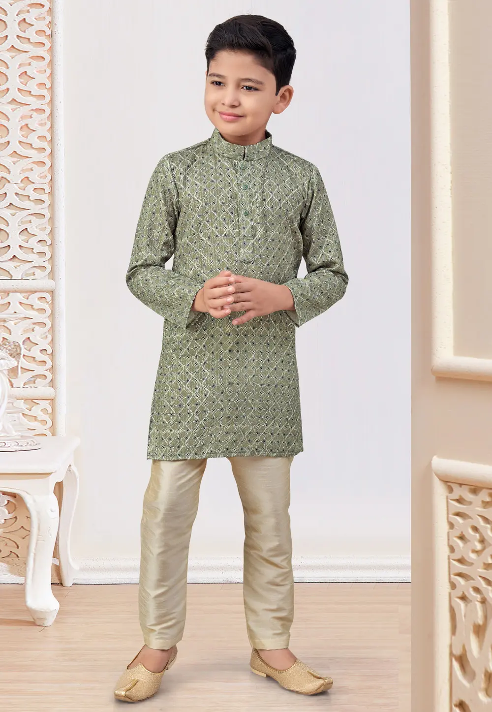 Mehndi Banglori Silk Kids Kurta Pajama 303812