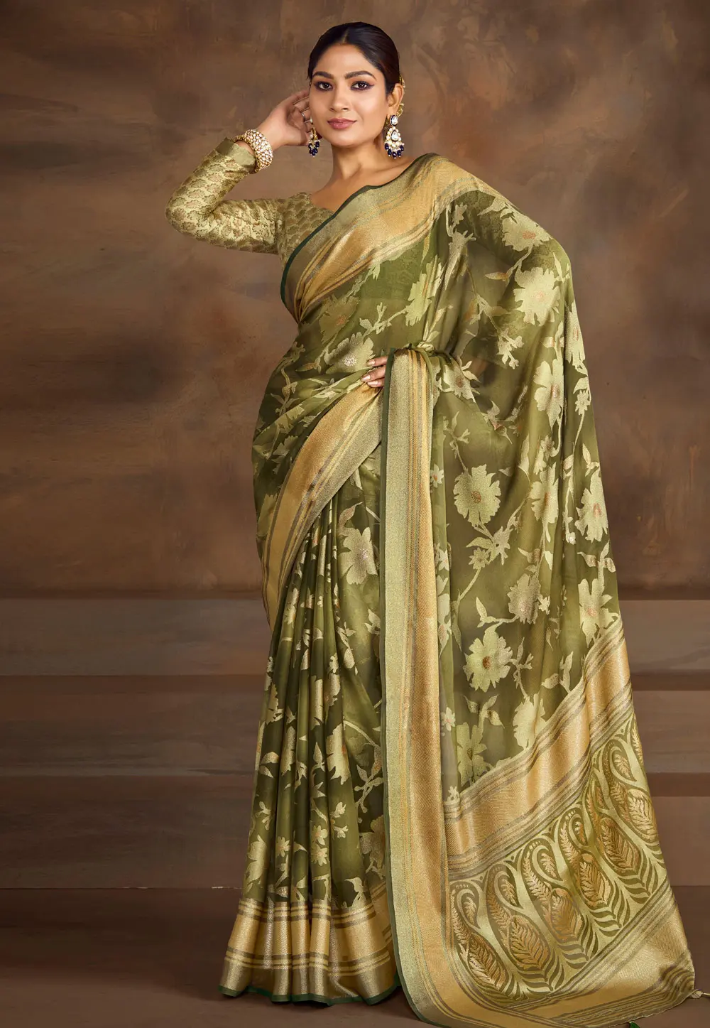 Mehndi Brasso Saree With Blouse 302235