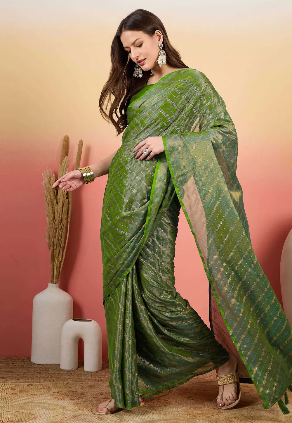 Mehndi Brasso Saree With Blouse 304693