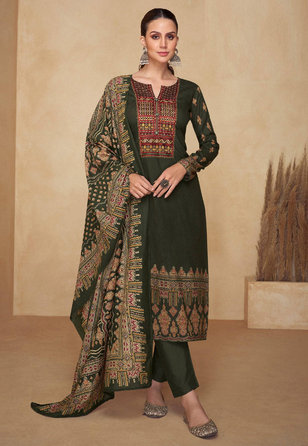 Mehndi Cambric Cotton Pakistani Suit 286877