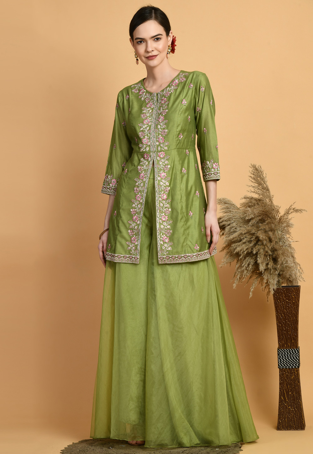 Mehndi Chanderi Kurta Set With Palazzo 305457