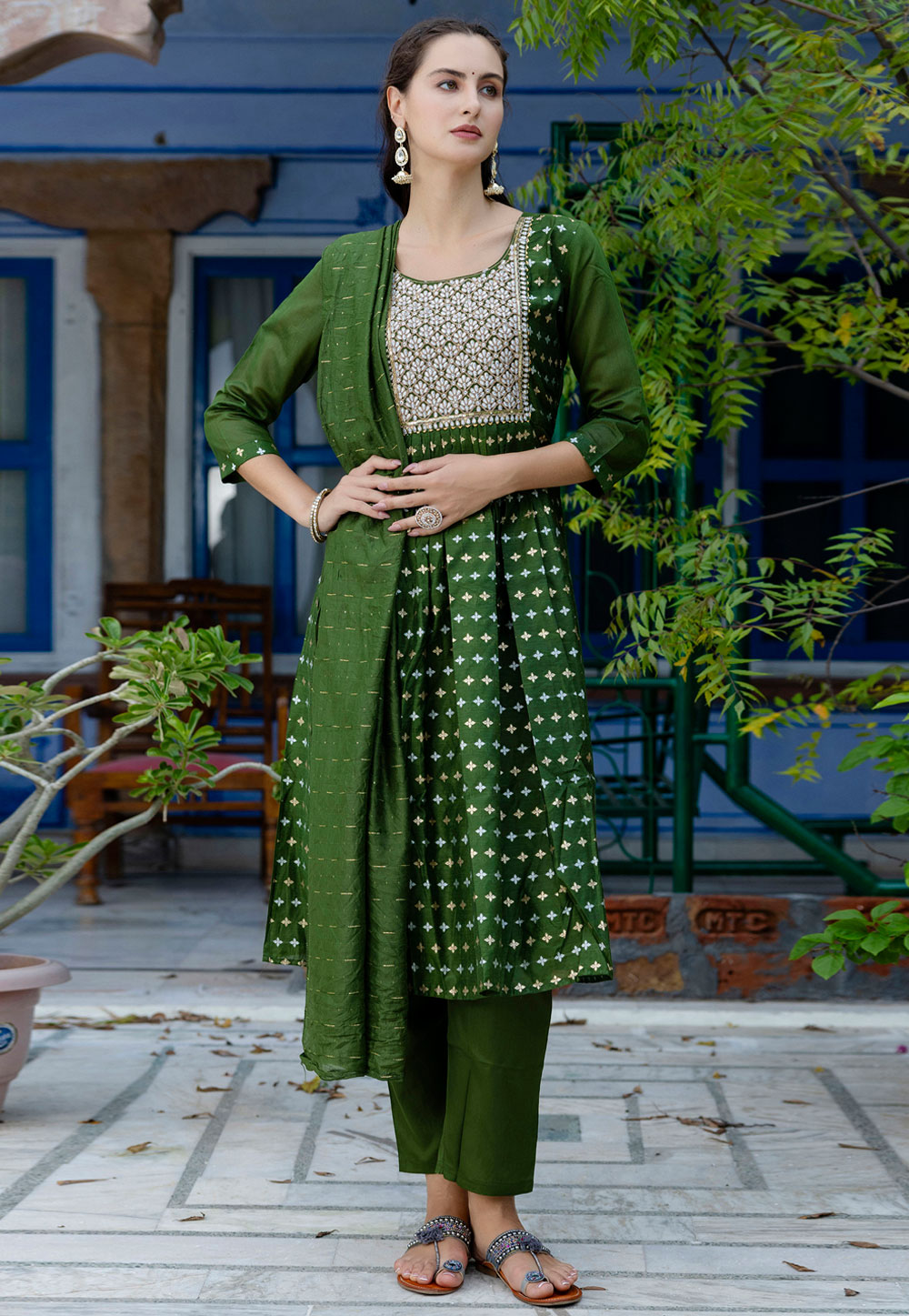 Mehndi Chanderi Readymade Anarkali Suit 310199