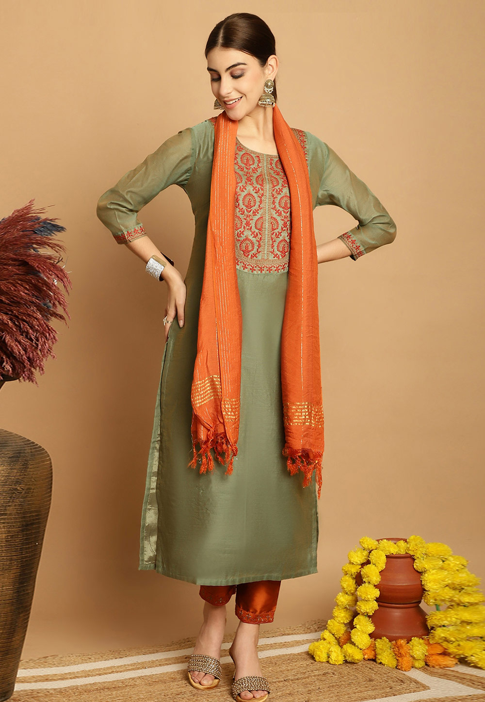 Mehndi Chanderi Readymade Pant Style Suit 280615