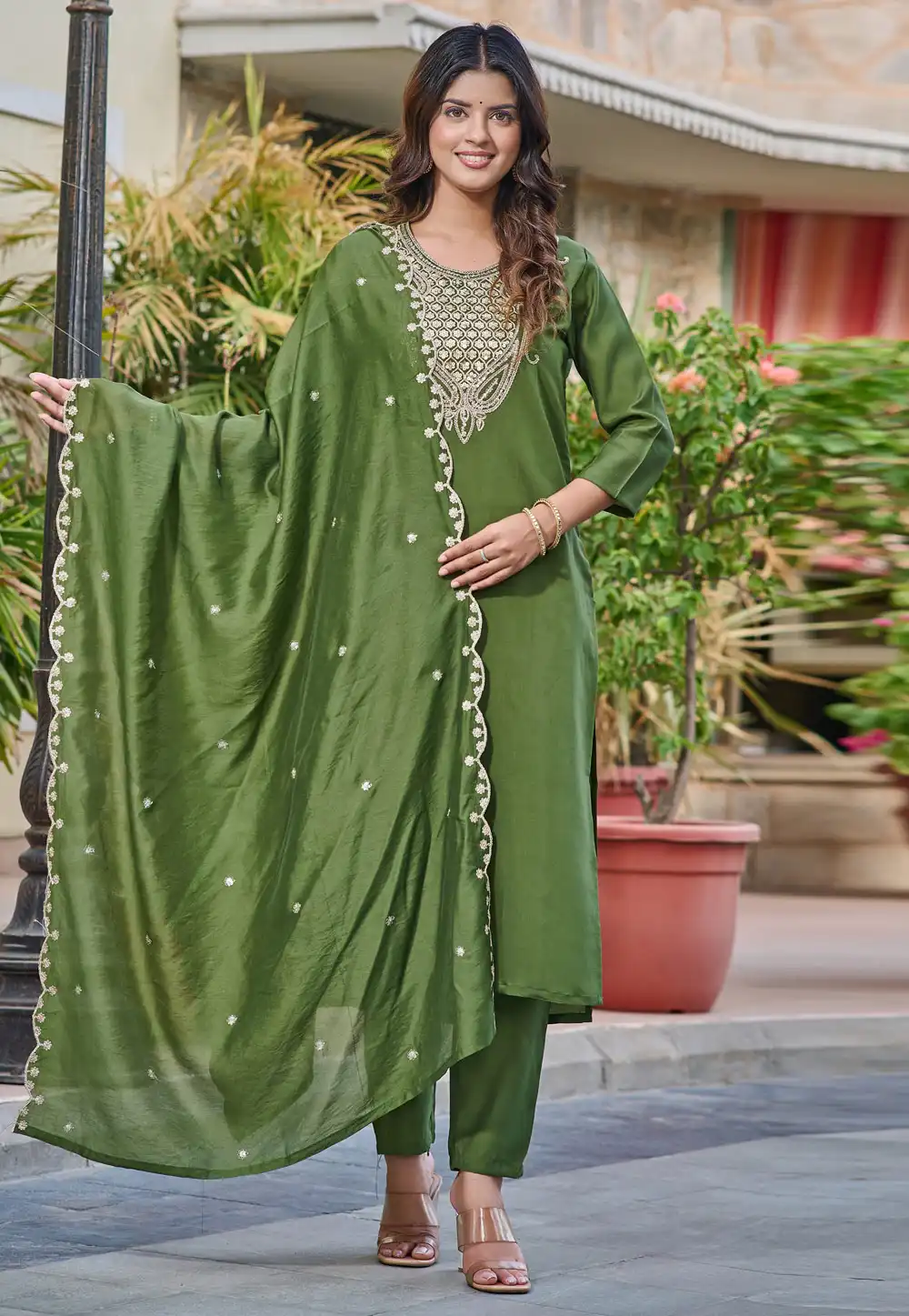 Mehndi Chanderi Readymade Pant Style Suit 290522