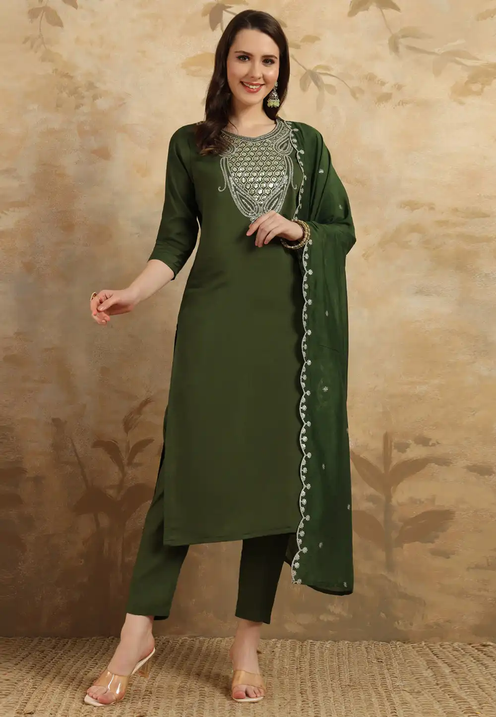 Mehndi Chanderi Readymade Pant Style Suit 293840