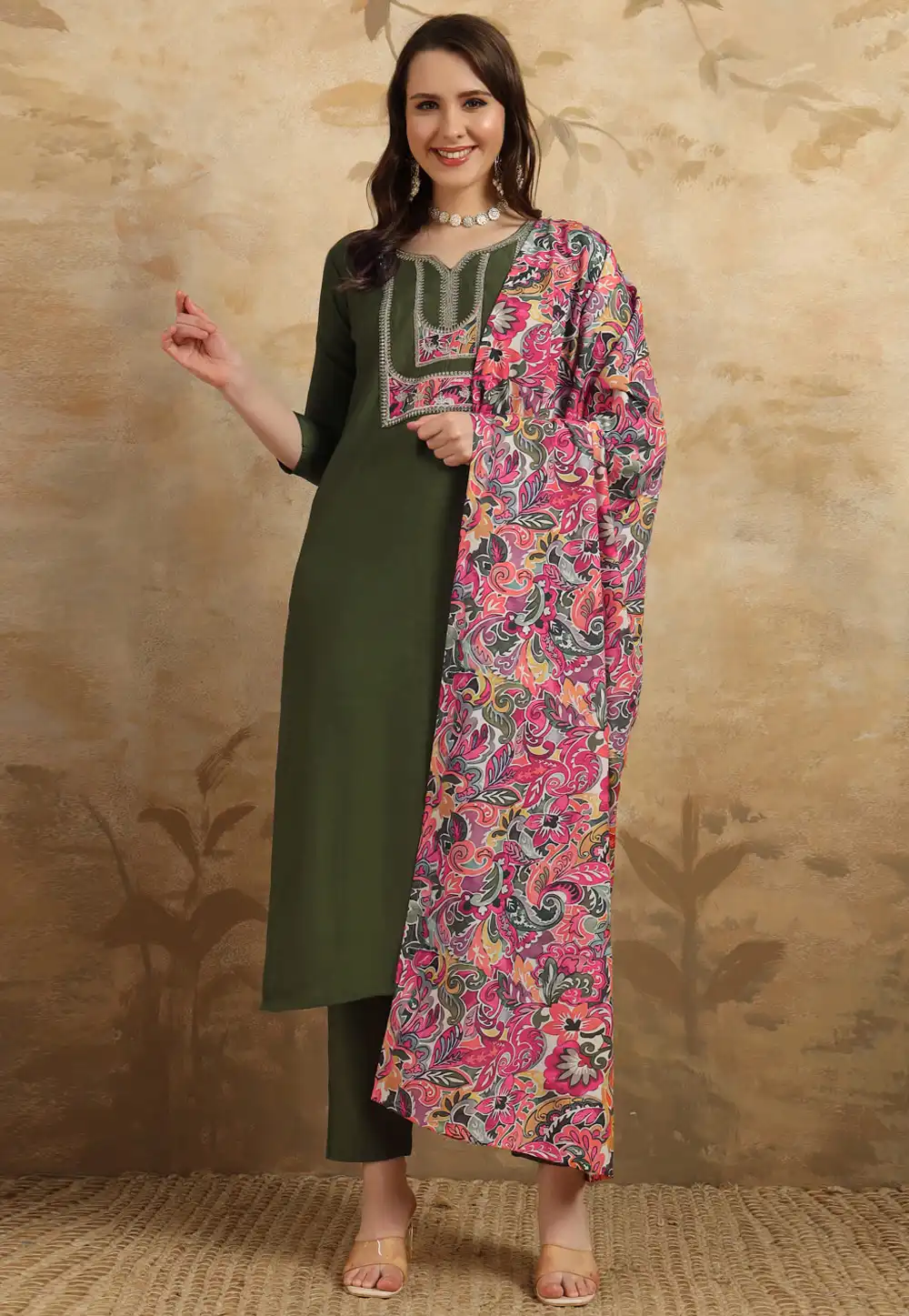 Mehndi Chanderi Readymade Pant Style Suit 293848