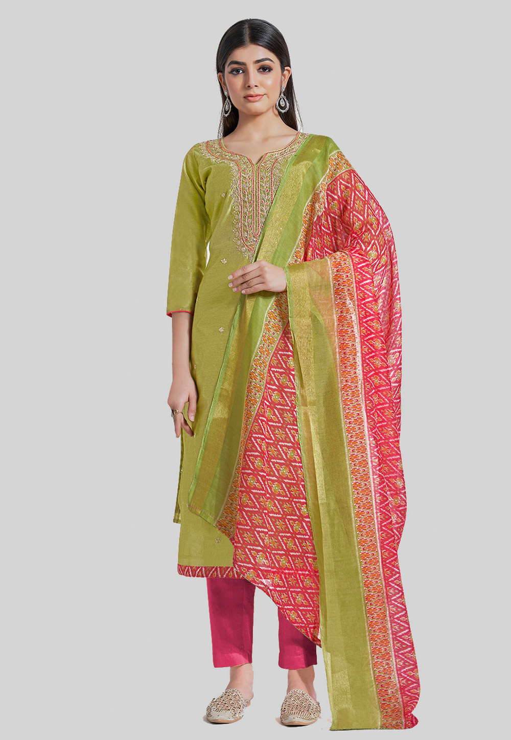 Mehndi Chanderi Silk Pant Style Suit 284463