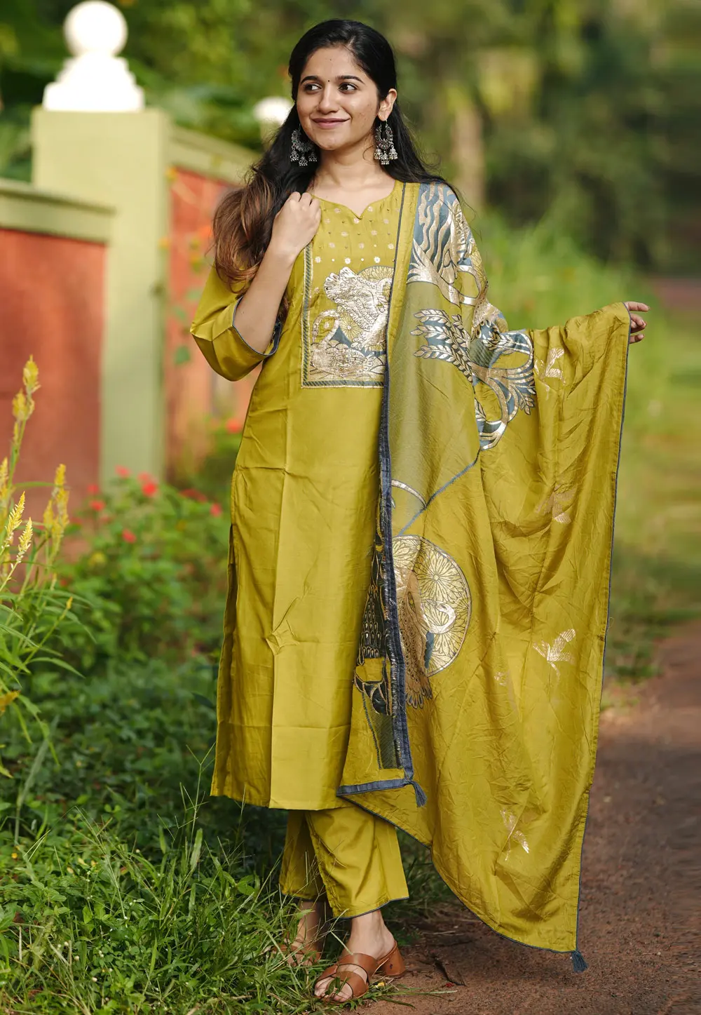 Mehndi Chanderi Silk Readymade Pant Style Suit 303187