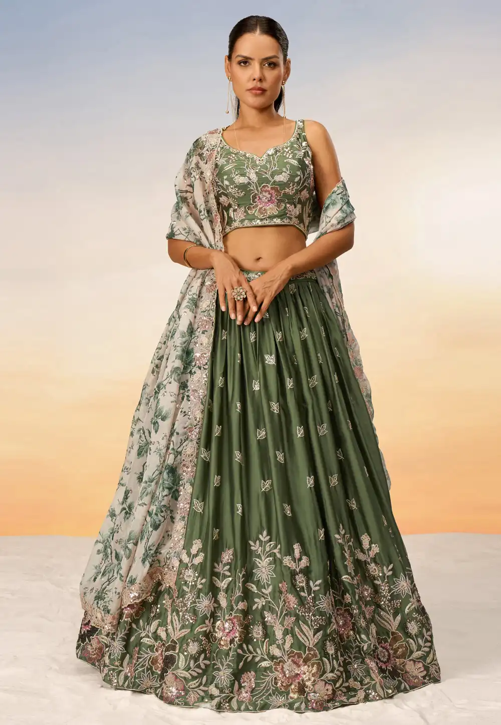 Mehndi Chiffon Circular Lehenga Choli 288801