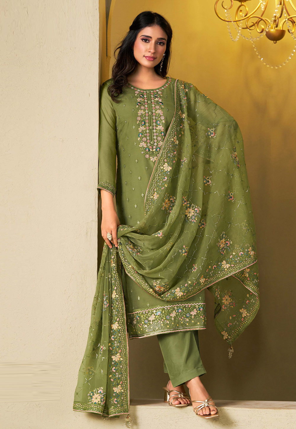 Mehndi Chiffon Pakistani Suit 310933