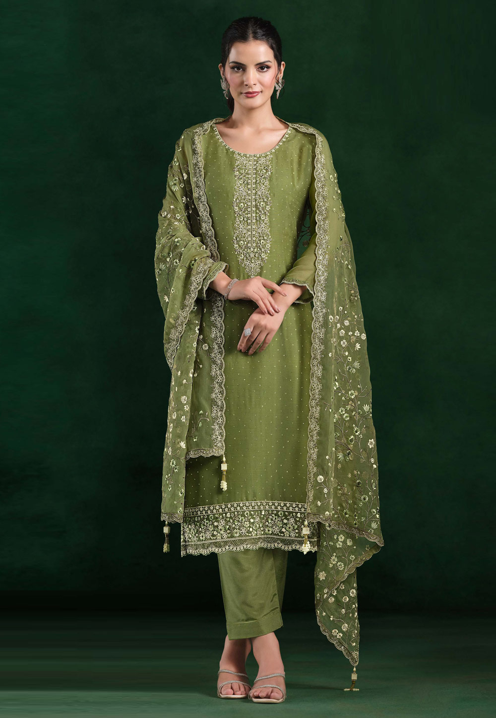 Mehndi Chiffon Straight Suit 310941
