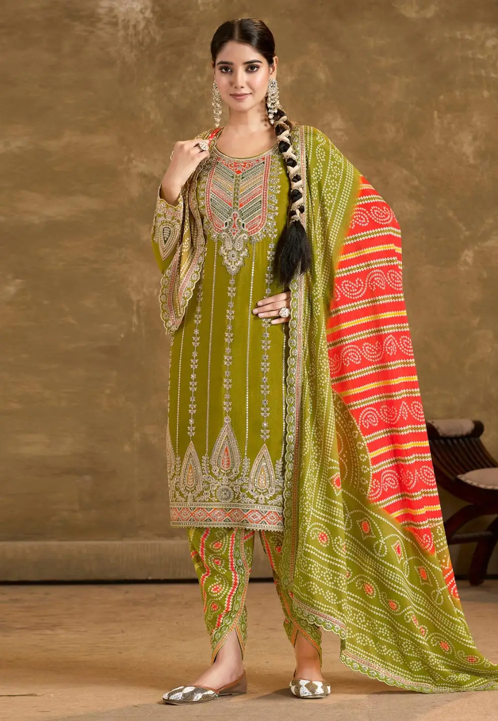 Mehndi Chinon Dhoti Salwar Suit 295765