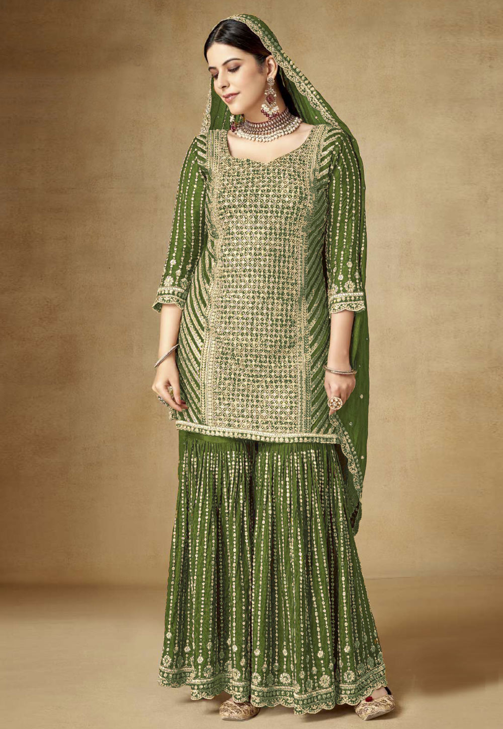 Mehndi Chinon Embroidered Gharara Suit 283065