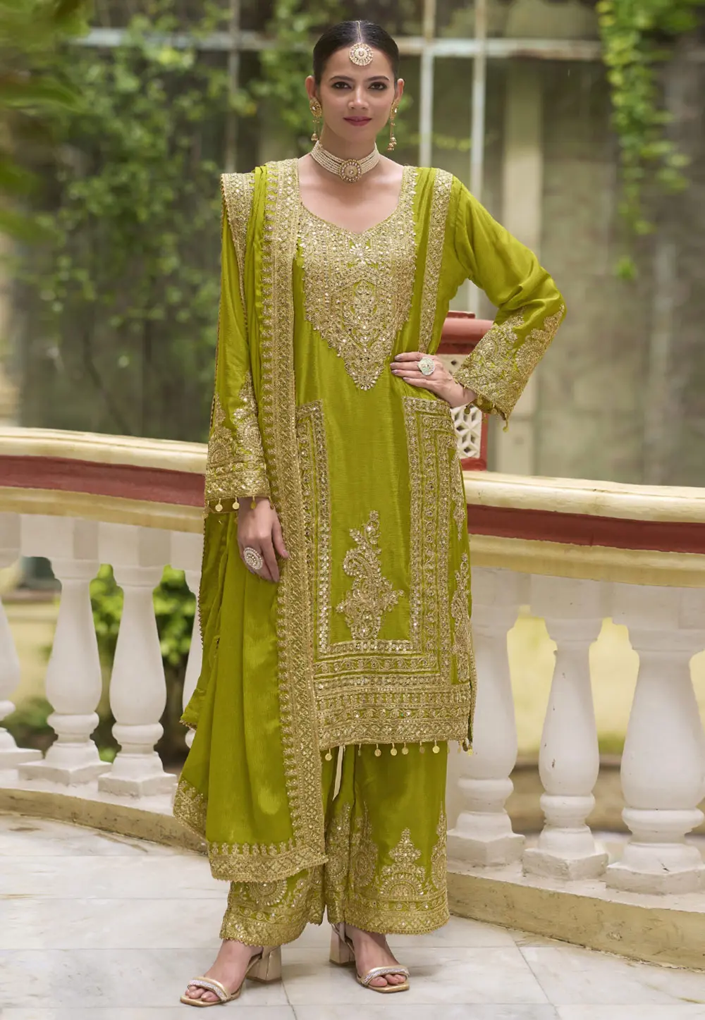 Mehndi Chinon Embroidered Pakistani Suit 300888