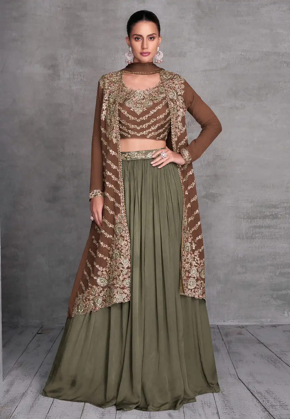 Mehndi Chinon Indo Western Lehenga Choli 294469