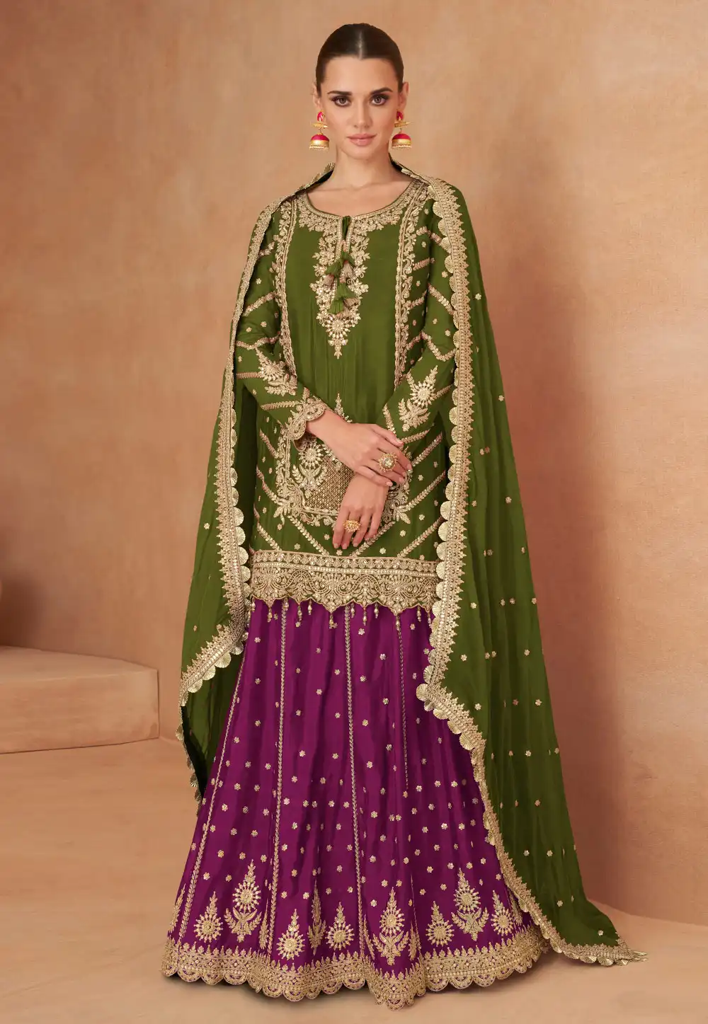 Mehndi Chinon Indo Western Lehenga Choli 295080