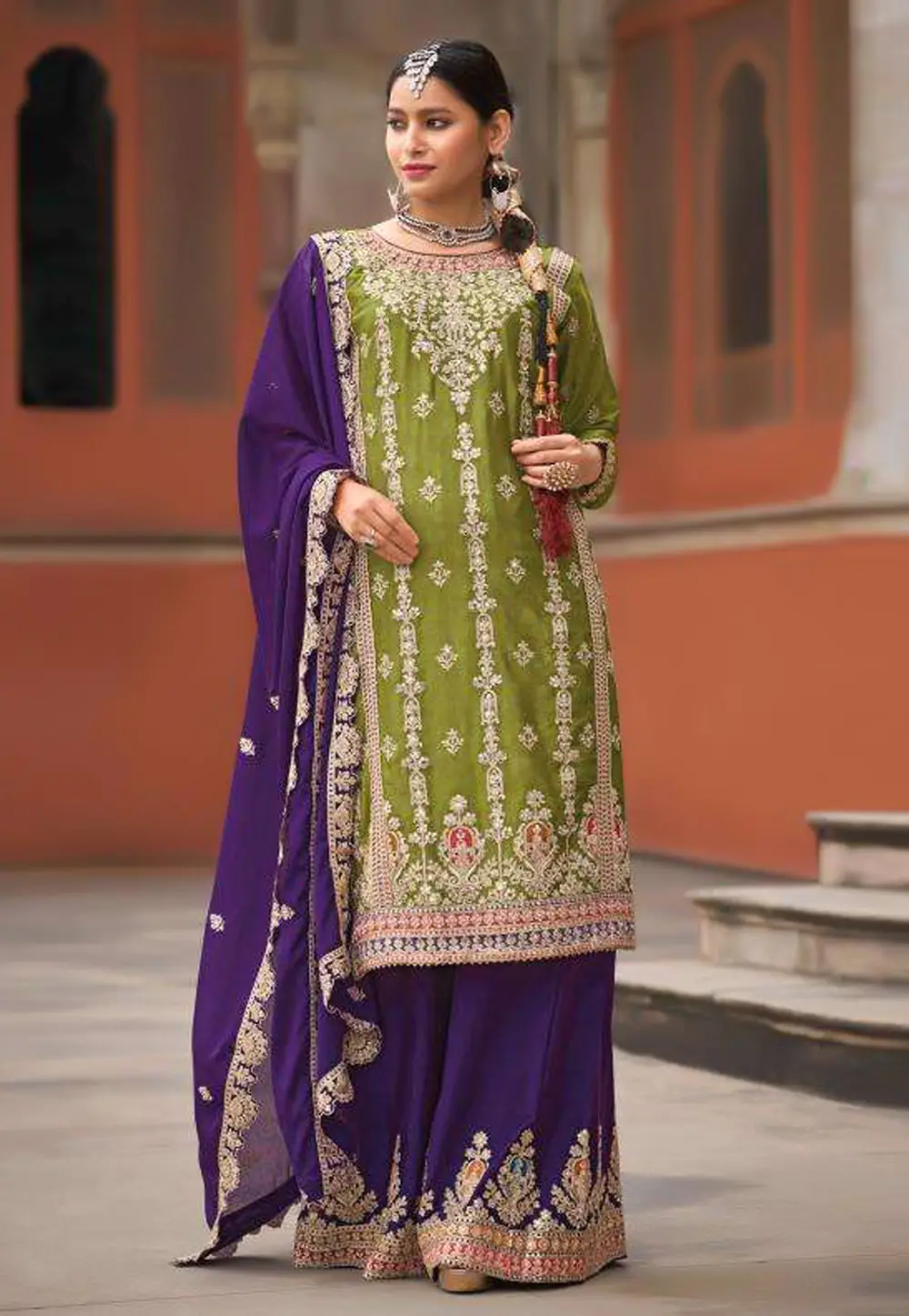 Mehndi Chinon Palazzo Suit 295469