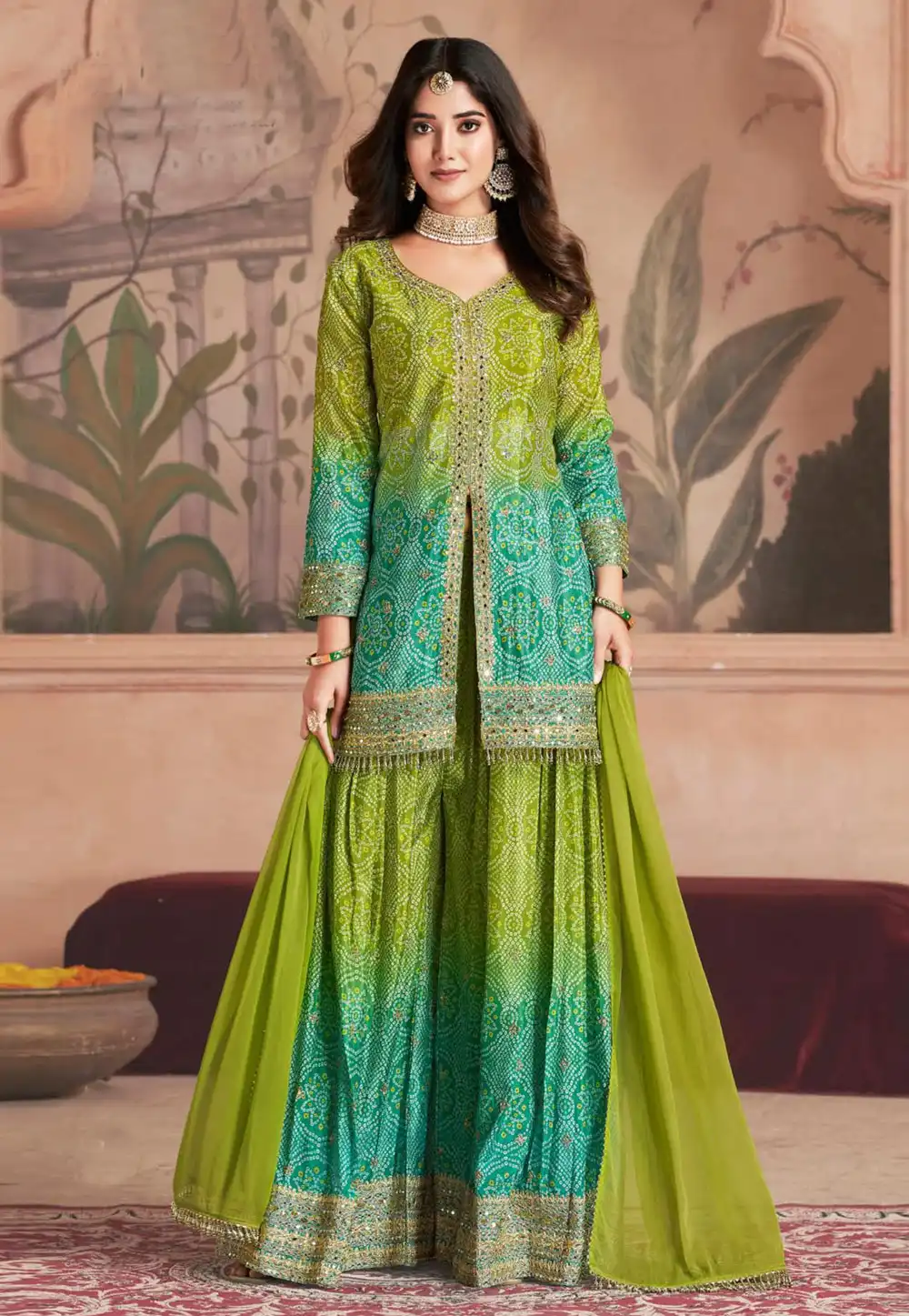 Mehndi Chinon Palazzo Suit 294897