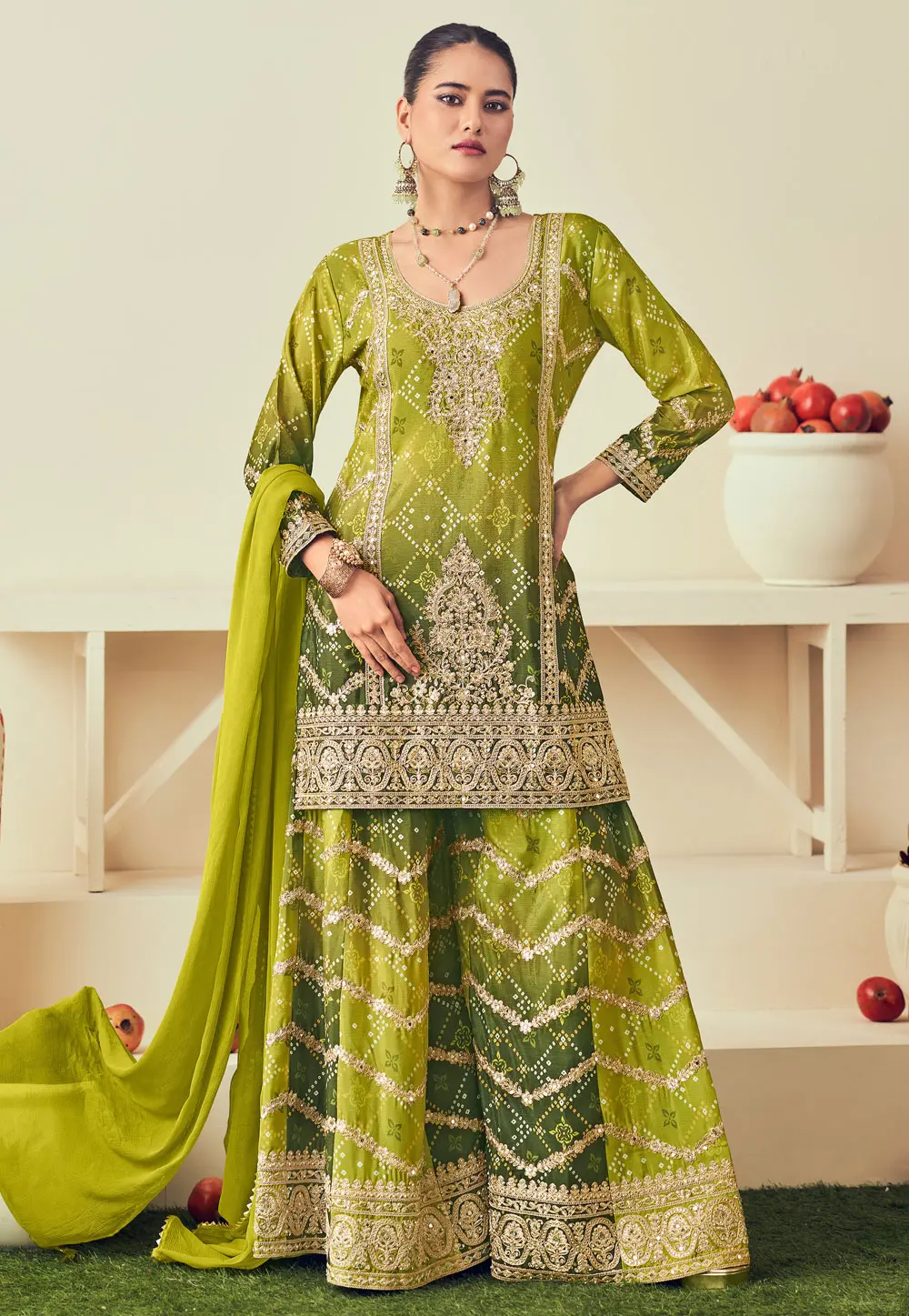 Mehndi Chinon Palazzo Suit 303312