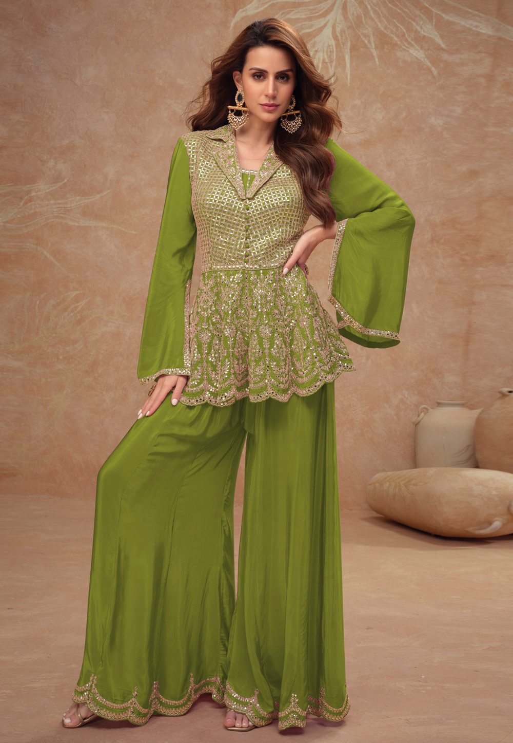 Mehndi Chinon Palazzo Suit 306201