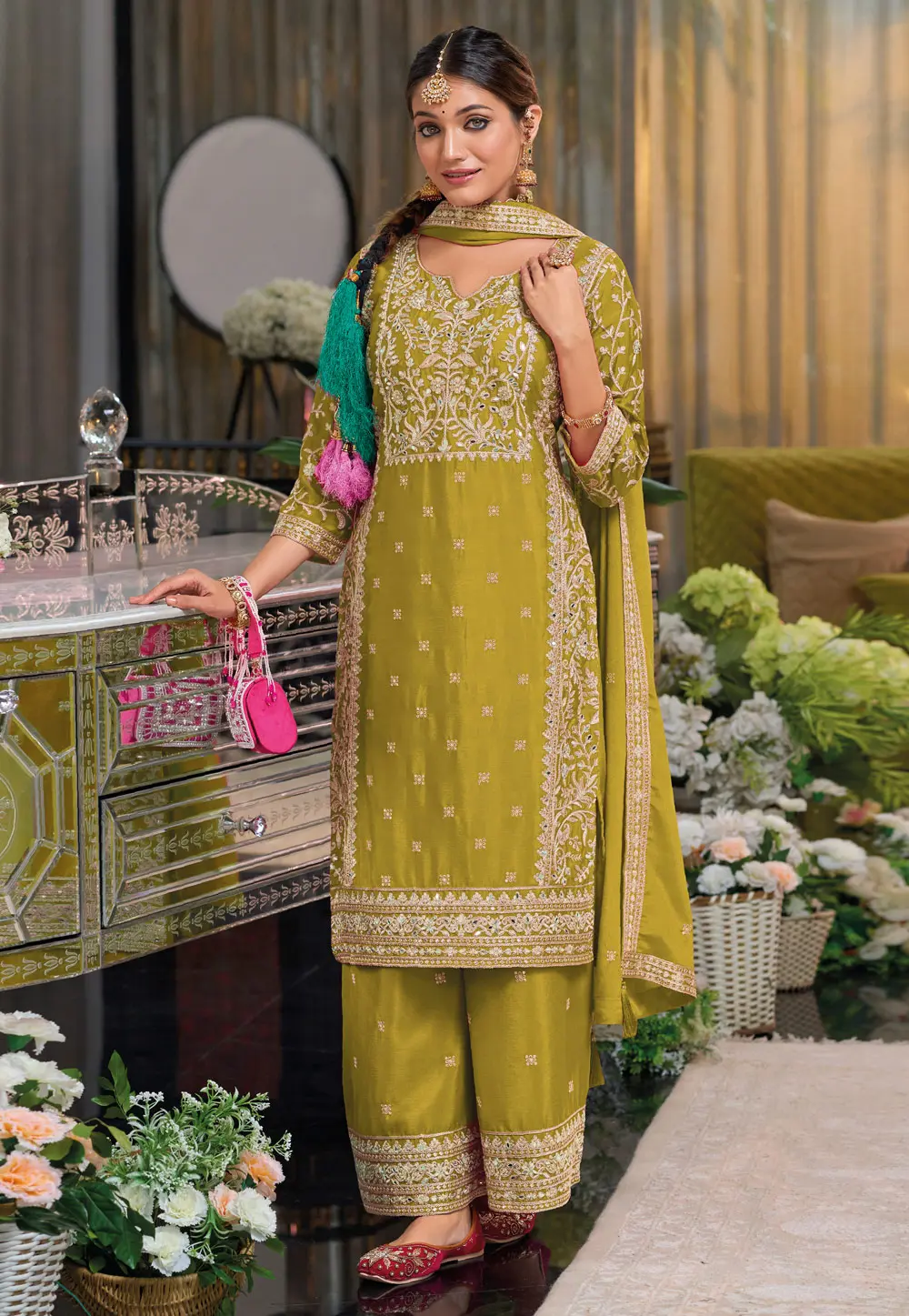 Mehndi Chinon Readymade Palazzo Suit 299324