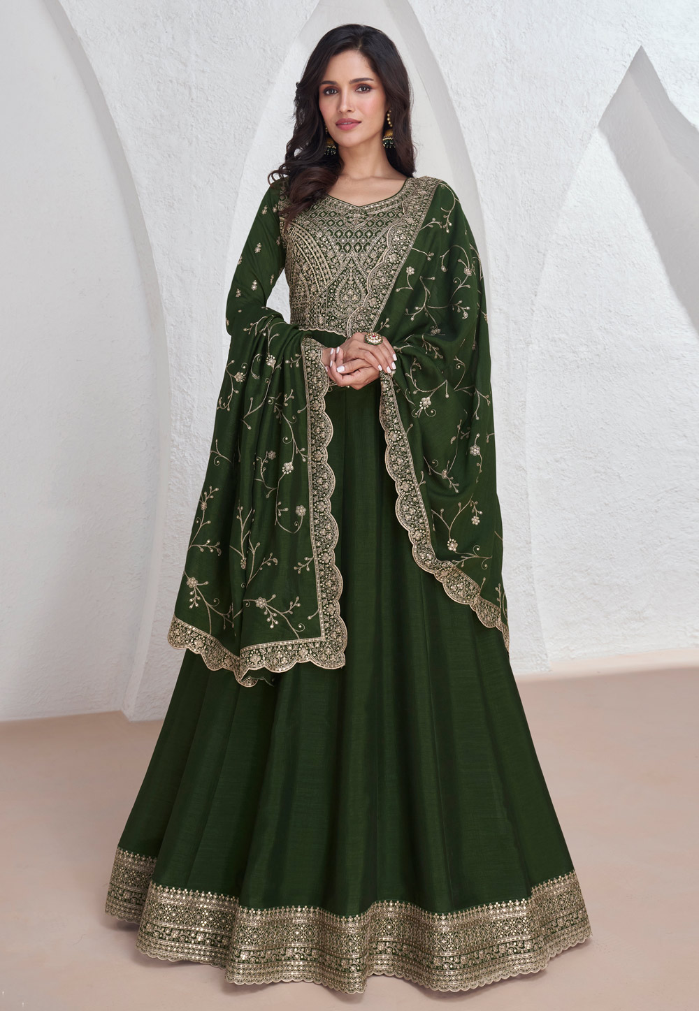 Mehndi Chinon Silk Floor Length Anarkali Suit 285846
