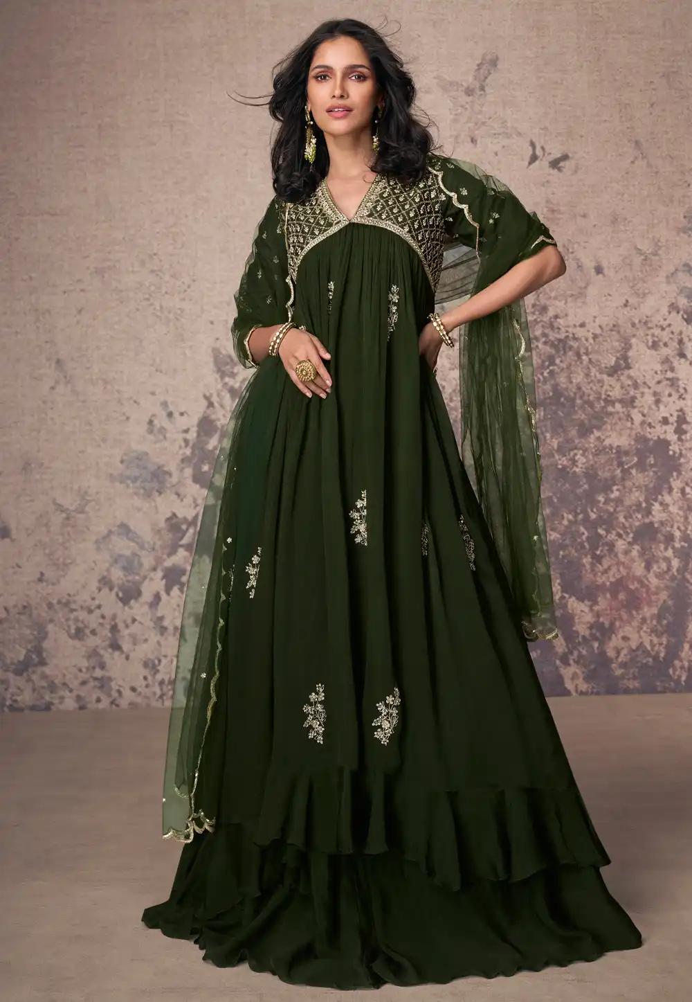 Mehndi Chinon Silk Long Anarkali Suit 293333