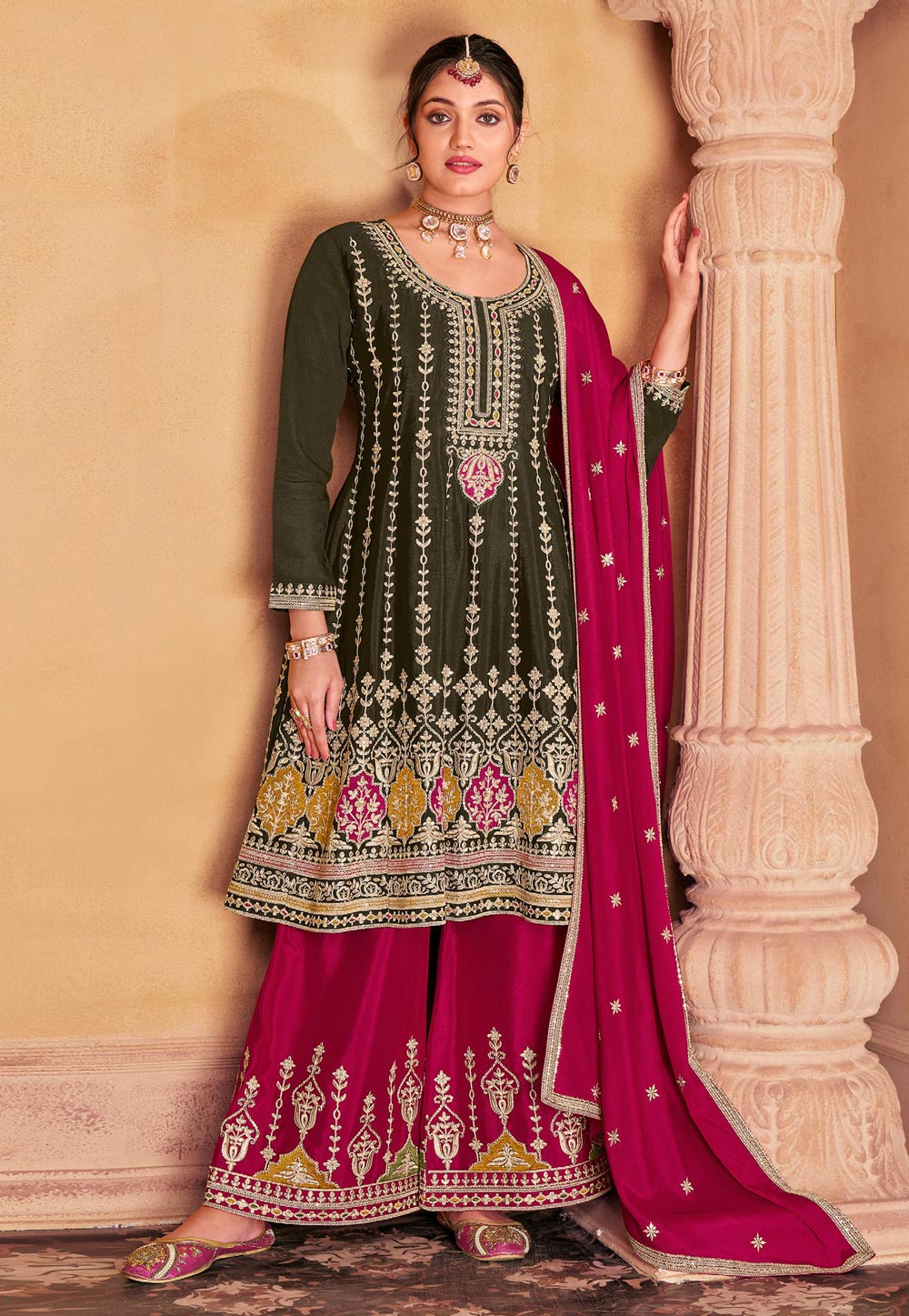 Mehndi Chinon Silk Pakistani Suit 284694