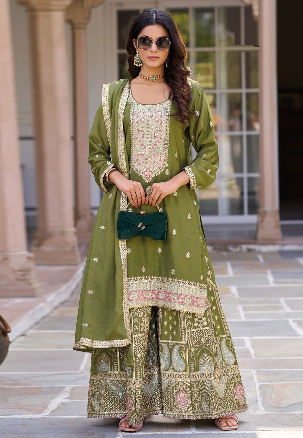 Mehndi Chinon Silk Palazzo Suit 305526