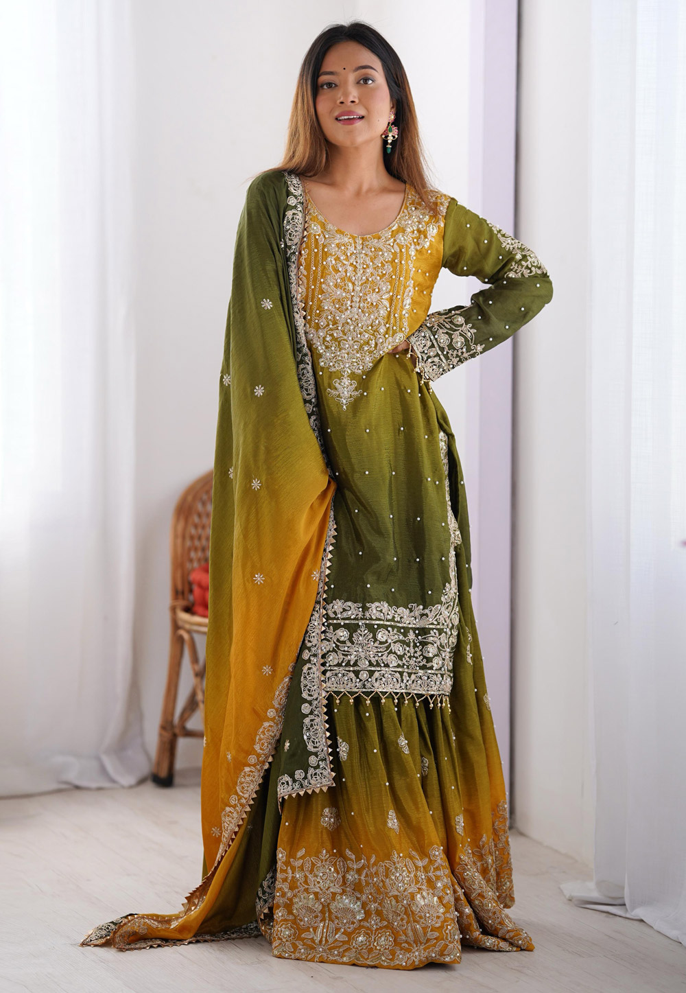 Mehndi Chinon Silk Readymade Gharara Suit 310722
