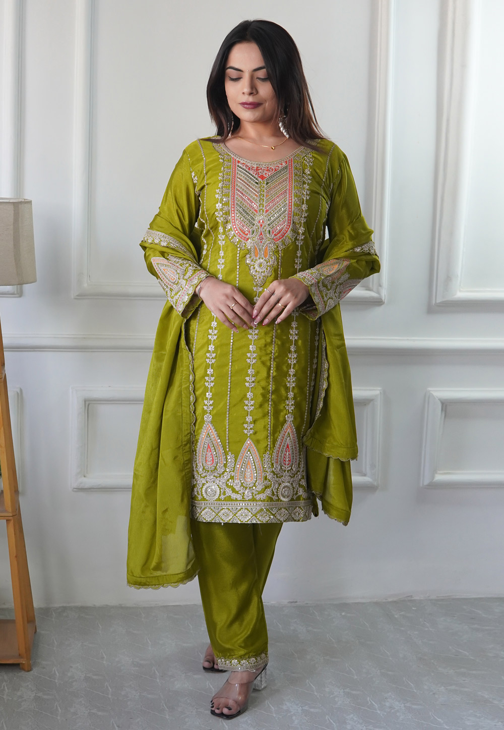 Mehndi Chinon Silk Readymade Pant Style Suit 310245