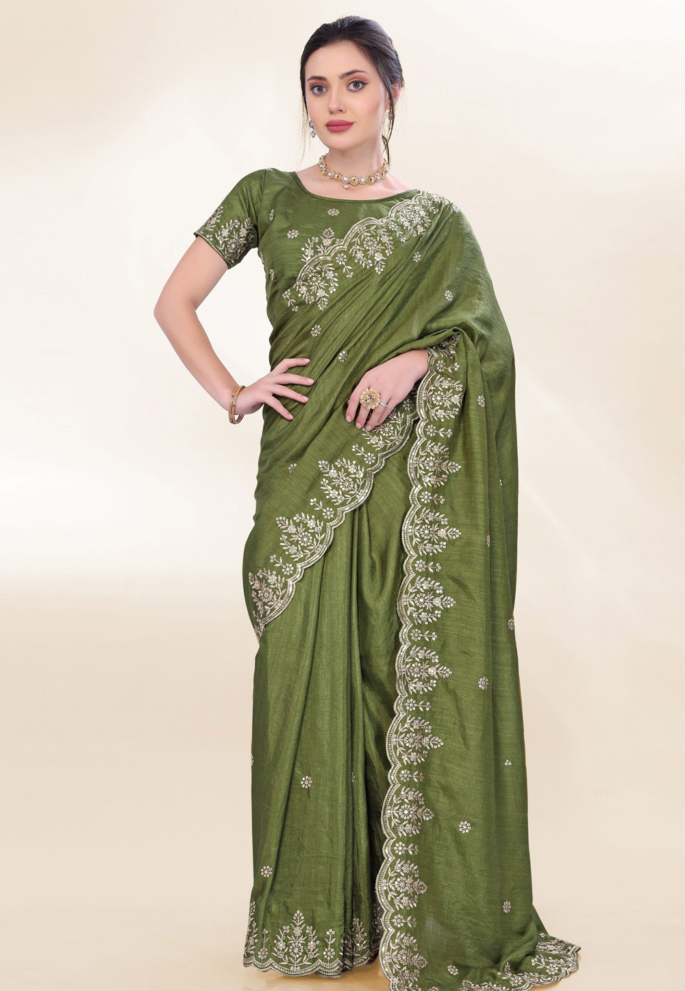 Mehndi Chinon Silk Saree With Blouse 305691