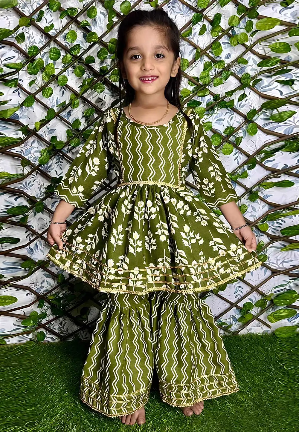 Mehndi Cotton Kids Sharara Suit 291014