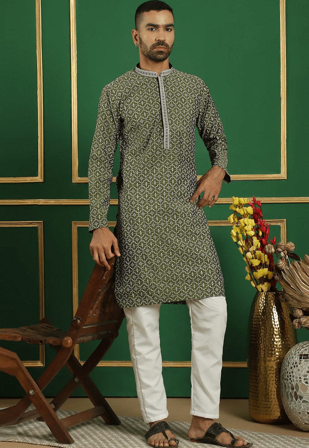 Mehndi Cotton Kurta Pajama 287624